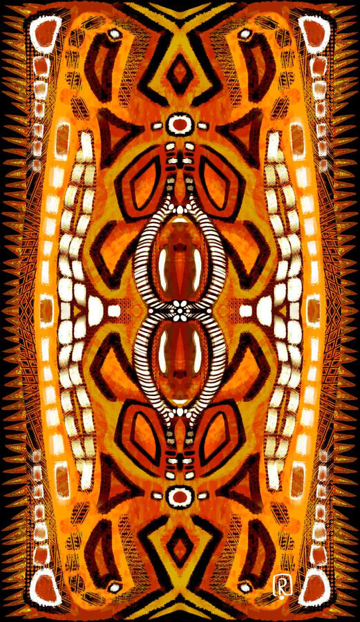 A horned fire deity, ochre and hot cherry.