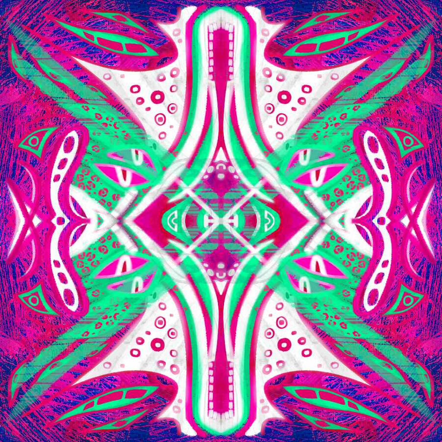 Symmetrical dragon art, colored watermelon pink and mint green. It has 8 eyes in total, with leopard spots, and tiny, concentric circles as additional details. It's hard to describe. Xx